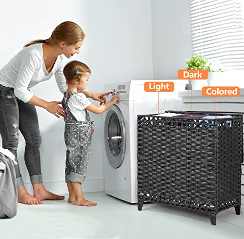 Laundry Hamper with 3 Removable Liner Bags; 132L Handwoven Rattan Laundry Basket with Lid & Heightened Feet; Clothes Hamper with Side Handles; Laundry Sorter with 3 Separate Sections - color: Black, size: 132L-3 Section