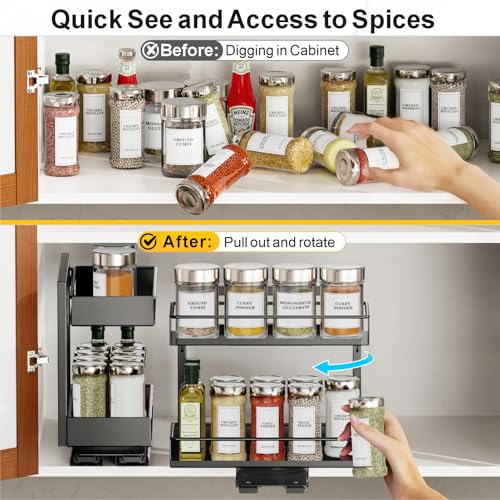 iSPECLE 2 Pack Pull Out Spice Rack - Rotate Peel and Stick No-Drill Vertical Spice Rack Organizer for Cabinet Easy Access Spices, Adjust Height for 4oz to 8oz Spice Jars, Fits Small Pantry Cabinet - color: 2-Pack Black