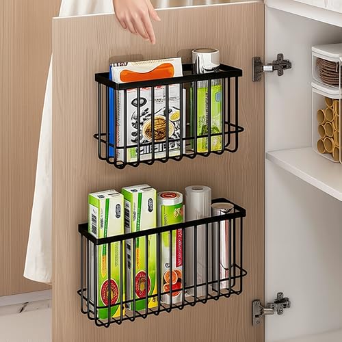 Wall Organizer Baskets, Lid Organizers Inside Cabinet with 2 Caddy Adhesive, Cabinet Door Organizer with 2 Sponges, 4 Hooks, Cabinet Door Storage for Foil Aluminum Roll, Black, 2 Pack (Small, Medium) - color: Black (Small+Medium)