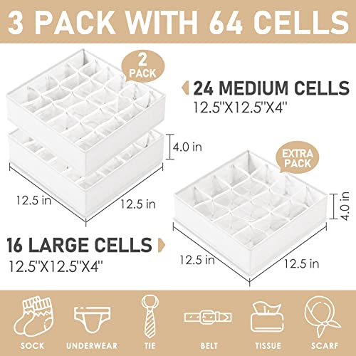 Criusia 3 Pack Sock Underwear Drawer Organizer Dividers, 64 Cell Fabric Foldable Cabinet Closet Organizers and Storage Boxes for Storing Socks, Panties, Ties (16+24+24 Cell, White) - color: White, size: A - 3 Pack & 64 Cells