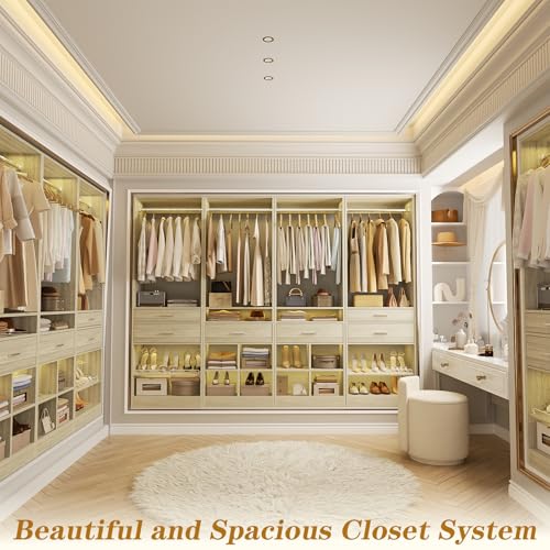 Unikito Closet System, 8.3FT Closet Organizer with 6 Wooden Drawers, Hanging Rods, Adjustable Shoe Rack and Cube Storage, Easy Assembly Wardrobe Tower, Set of 4, White Oak - color: White Oak, size: 100 Inch