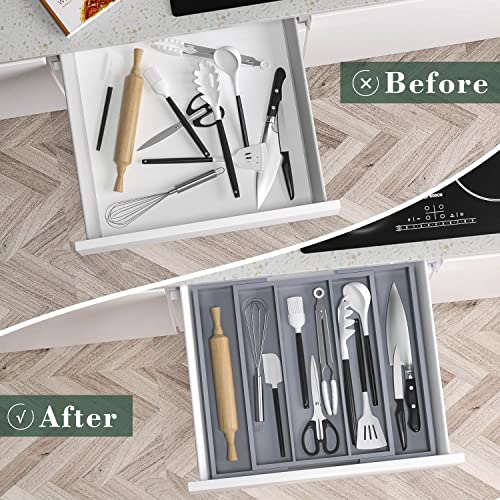 Large Kitchen Utensil Drawer Organizer - Expandable 5 Slots Cooking Utensil Organizer Multipurpose Silverware Organizer for Storage Repair Tools, Painting Tools W13.7"-19.9" x L17.6" X H2.5" (Grey) - color: Grey