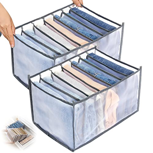 TOOVREN Wardrobe Clothes Organizer 7 Grids, Folded Clothes Organizer for Closet, Clothing Storage Bins,Washable Foldable Drawer Clothes Compartment Storage Box for Closet Bedroom Dorm Room (Gray,2PCS) - color: 2PCS(Thin Jeans Grids,Gray)