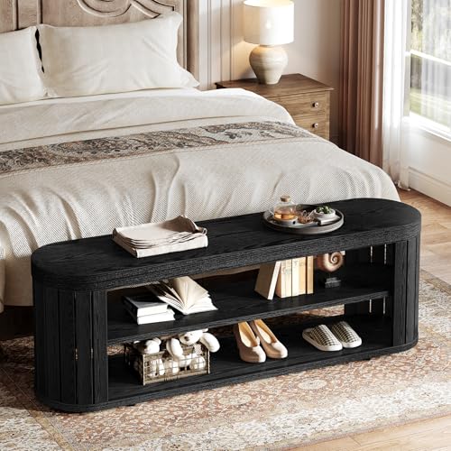 Tribesigns 47.2" Wooden Entryway Bench with 2-Tier Shoe Storage, Farmhouse Dining Bench with Adjustable Foot Pads, End of Bed Stool for Bedroom, Hallway, Living Room, Dining Room, Black - color: Black