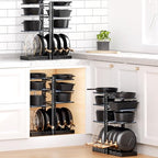 LAMU Pots and Pans Organizer under Cabinet, Expandable to 24" H Pan Organizers inside Cabinet for Kitchen Storage, 6 Adjustable Tiers and 6 Pot Lid Organizer Racks, Holds 12 Cast Iron Cookware Black
