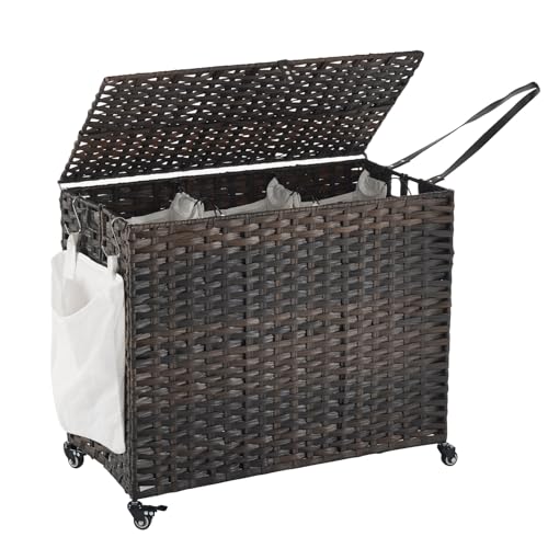 Laundry Hamper with Wheels, 52.8 Gallon(200L) Rolling Laundry Basket with Lid, 3-Section Rattan Clothes Hamper with 3 Removable Liner & 3 Mesh Bags, Laundry Sorter with Side Pocket, Brown - color: Brown, size: 200L（31.5 x 15.75 x 25.6 Inches）