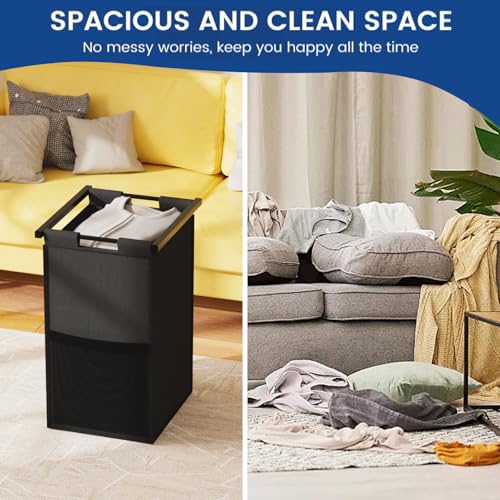 Huhote Double Compartment Laundry Basket, Laundry Sorter with Top Shelf, 2 Removable Washable Bags, Side Pockets, Black & White - color: 2 bags-White&Black