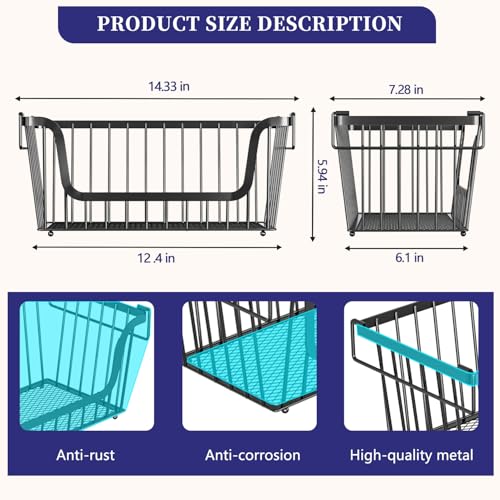 5 Pack Enhanced Leak-Proof Bottom Stackable Wire Baskets, Pantry Organizers and Storage, pantry storage，Shelf Baskets, Fruit Basket, Potato and Onion Storage Bins，(Black) - color: 5Pack-Black Baskets