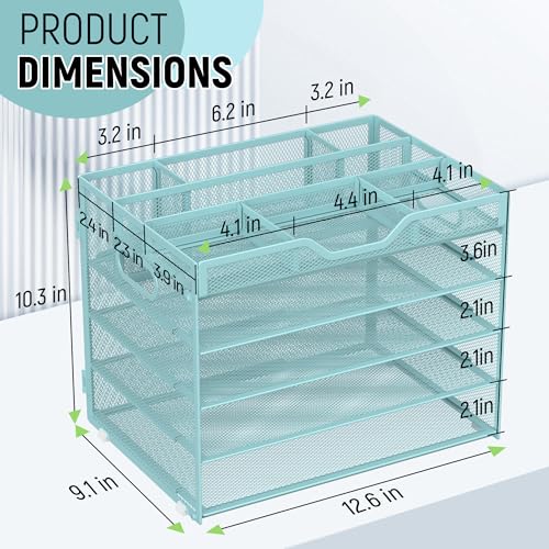 Docnest 5 Tier Mesh Desk Organizer- Letter Tray with Adjustable Compartments, Mesh Desktop Storage Built in Pen Holder and Handles, Desk Organizer Tray for Mail Documents Office Supplies-Blue - color: Blue