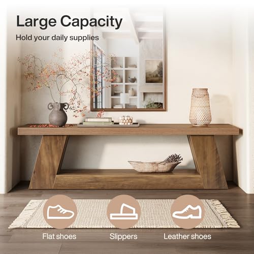 Tribesigns 63" Wooden Entryway Bench with Storage Shelf, Rustic Extra Long Bench, 2-Tier Narrow Hallway Seating Bench for Living Room, Bedroom, Kitchen(Brown) - color: Brown