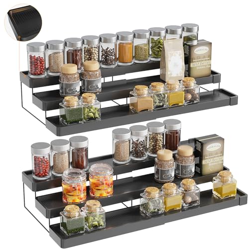 2 Pack Expandable Spice Rack Organizer for Cabinet - 3 Tier Adjustable Cabinet Spice Organizer Easy Visibility - Spice Organizer for Cabinet Countertop Cupboard Pantry Organization (Black) - color: Black -Fits 9.5'' Deep Cabinet, size: 2 Pack