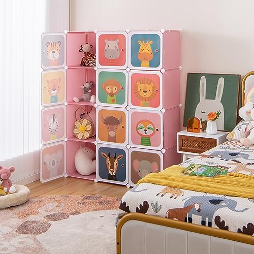 HONEY JOY Kids Wardrobe Closet, Baby Cartoon Clothes Storage Organizer, 12 Cubes & 2 Hanging Sections, Portable Children DIY Modular Bedroom Armoire Dresser Cabinet for Boys Girls (Pink) - color: Pink, size: 12-Cube