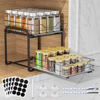 Spice Rack Organizer for Cabinet, 2 Tier Vertical Pull Out Spice Rack – Heavy Duty Metal Spice Organization for Cabinet, 40-Jar Capacity, Height Adjustable Cabinet Organizer (9"W×10.5"D×9"H, Black) - size: 9"W X 10.5"D X 9"H - 2 Tier