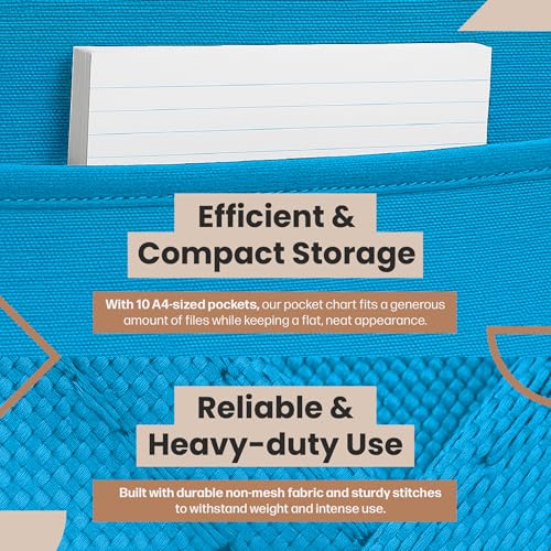 Hippo Creation Storage Pocket Chart for Classroom, 10 Pocket Storage Organizer with 3 Over-Door Hangers, Hanging Wall Organizer for File Folders, School Mailbox, Home Office Papers - Clear Blue - color: Clear Blue (10 Pockets)