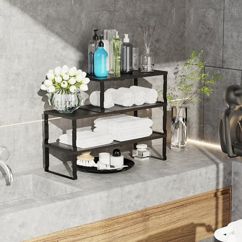 Jojocross Expandable Stackable Spice Rack Organizer for Kitchen Cabinet,Adjustable Counter Shelf, countertop, Pantry,Cupboard,Bathroom,Bedroom(1Pack/Black/Medium) - color: 1 Pack/Black, size: MEDIUM:7.9"D x 16.7~26.6"W x 6.1"/7.5"H