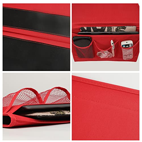 Surblue Bedside Caddy 4 Pockets Bedside Storage Organizer for TV Remote Control Phone Glasses Magazine (Red) - color: Red