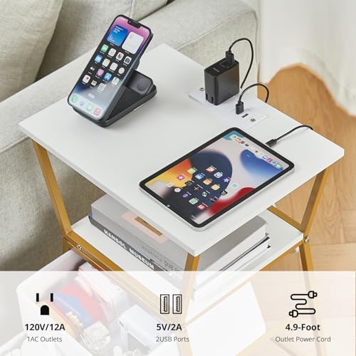 Nightstand with Charging Station, Side Tables for Bedroom with Built-in USB Side Table with 2 USB Ports and Outlets Nightstand with Cloth Drawer End Tables Living Room Sofa Couch - color: White Gold With Socket