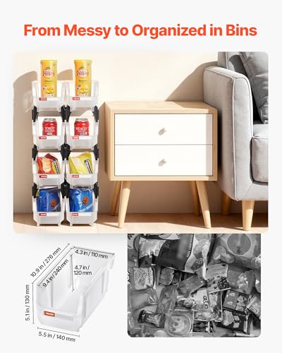 VEVOR Plastic Stackable Storage Bins, 10.9 x 5.5 x 5.1 inch (8 Pack), Plastic Containers for Organizing & Storage Bins for Closet, Garage, Small Parts, Office Supplies, Other Accessories, Transparent - color: Clear, size: 5L