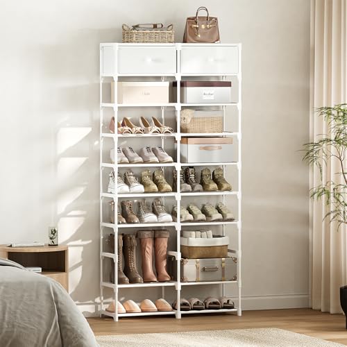 Tall Shoe Rack, 10 Tier Shoe Rack Organizer with 2 Large Drawers, Shoe Storage for 36-40 Pairs, Sturdy Metal Shoe Shelf Shoe Stand for Closet Entryway, White - color: White, size: 10 Tier