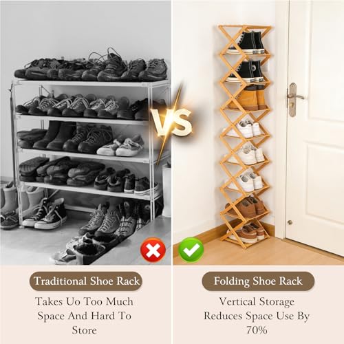 Foldable Shoe Rack, Tier No-Assembly Bamboo Rack, 2026 New Portable Bamboo Corner Shoe Rack, Multifunctional Narrow Shoe Shelf for Entryway, Closet, Corner, Bedroom (5 Layers)