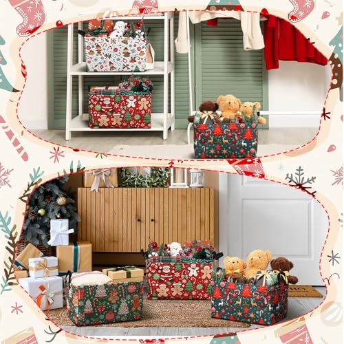 4 Pack Christmas Storage Bin Collapsible Large Christmas Storage Baskets for Gifts Xmas Tree Canvas Laundry Basket Foldable Box with Handle for Office Home Bedroom Clothes Toys Holiday Decor - style: Retro