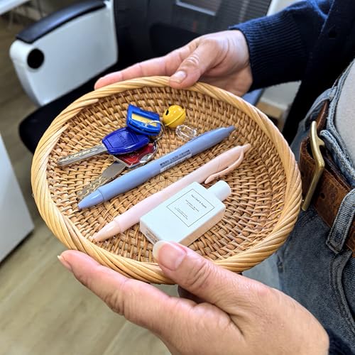 7.5" Small Rattan Fruit Bowl & Wicker Entryway Tray - Handwoven Round Basket for Candy, Nuts, Keys & Tabletop Decor - Decorative Catch-All Organizer for Home and Office - size: 7.5"