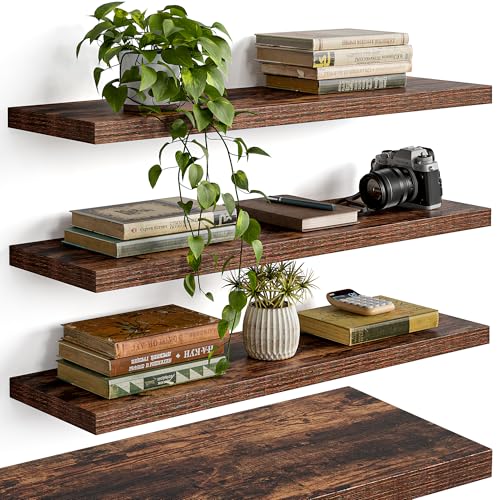 YUFLINX 23’’Rustic Brown Floating Shelves for Wall,Rustic Wood Shelf for Room Decor/Storage/Display,Small Bookshelf,Wall Mounted Hanging Shelves for Bedroom, Bathroom, Living Room, Kitchen,Set of 4 - color: Rustic Brwon, size: 23in