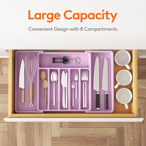 Lifewit Silverware Drawer Organizer, Expandable Utensil Tray for Kitchen, BPA Free Flatware and Cutlery Holder, Adjustable Plastic Storage for Spoons Forks Knives, 13-22 x 15", Purple - color: Purple, size: XL (13-22''W x 15''D)
