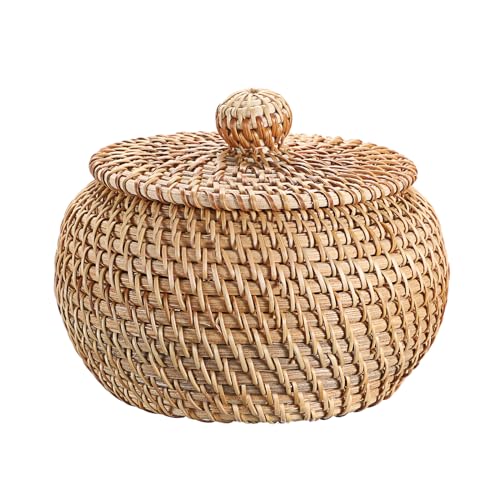 Hipiwe Round Rattan Basket Boxes With Lid Hand-Woven Wicker Storage Baskets Bin Decorative Basket Box Multi-Purpose Picnic Food Bread Basket Small Keys Basket Bowl for Entryway (X-Small,4.7"x3.3") - size: X-Small,4.7"x3.3"