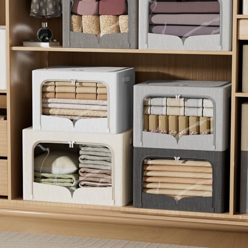 FHSQX 3 Pack Clothes Storage Bins - Foldable Metal Frame Storage Box - Stackable Linen Fabric Container Organizer Set with Carrying Handles and Clear Window (Beige, 19.7x15.7x13inch(66L)) - color: Beige, size: 19.7x15.7x13inch(66L)