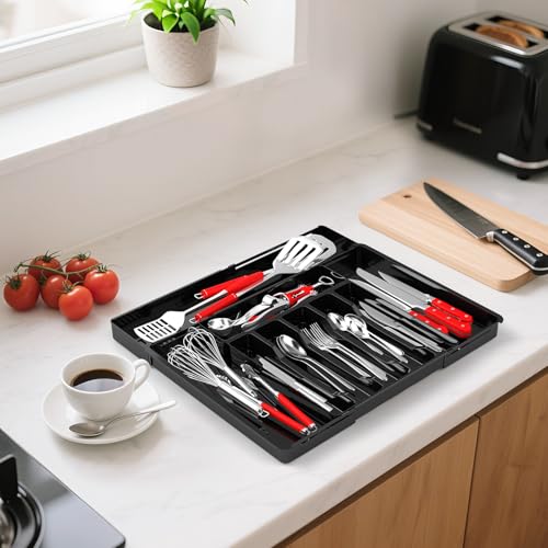 Large Silverware Organizer, Expandable BPA Free Kitchen Silverware Drawer Organizer, 9 Slots Cutlery Utensil Tray with Dividers, Adjustable Flatware Storage Holder for Spoons Forks Knives