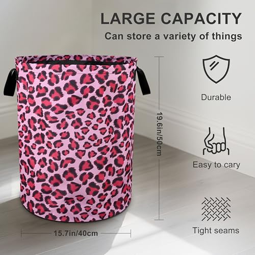 Pink Leopard Laundry Basket Foldable Oxford Cloth Tote Bag Laundry Hamper Clothes Storage Bucket Organizer For Bathroom/Laundry Storage/Bedroom 19.6x15.7 Inch - color: Pink Leopard