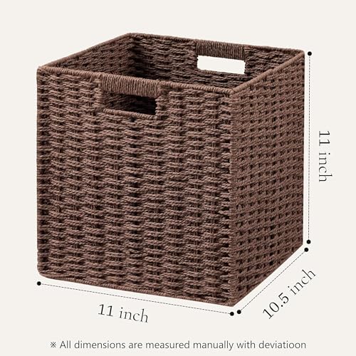 UBBCARE 2 Pack Wicker Basket, 11L×11H×10.5W inch Woven Paper Rope Storage Baskets for shelves, Foldable Cube Storage bin with Handle, Storage Basket for Organizing (Dark Brown, Cube-2pack 11") - color: Dark Brown, size: Cube-2pack 11"