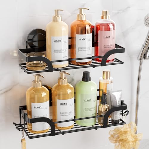LEVERLOC 2 Pack Shower Caddy Suction Cup, Shower Shelves for Inside, Rustproof Metal Bathroom Storage NO-Drilling Bath Organizer with Large Capacity,Heavy Duty Storage Basket,Home Decor,Black - color: Black