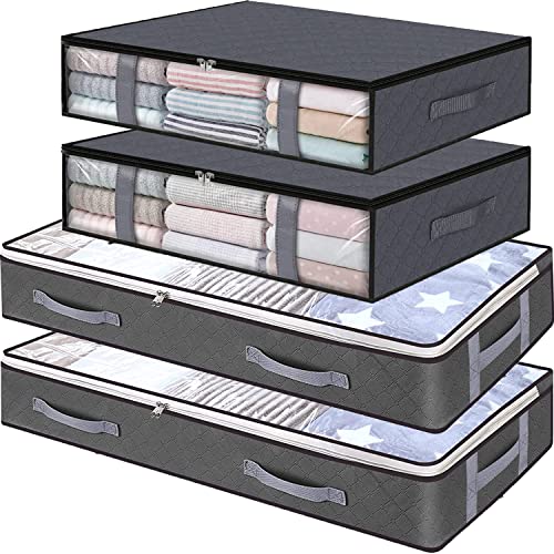 Under Bed Storage Containers, 4-Pack Large Capacity Underbed Storage Bags Organizer, Thick Fabric Storage Bins with Clear Window and Handles for Blanket, Comforter, Bedding, Clothes, Gray - color: 4 Pcs-Grey