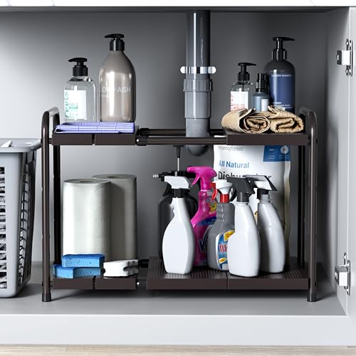 Simple Houseware Under Sink 2-Tier Heavy Duty Expandable Rack Organizer, Adjustable Width 15.75–25 Inches with 4 Shelf Height Levels, Bronze - color: Bronze