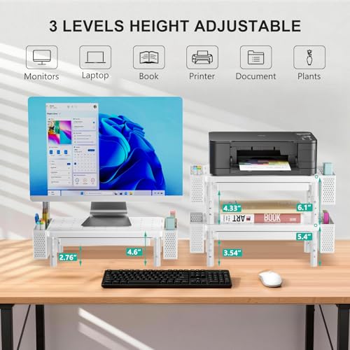 WALI Computer Monitor Stand with Storage, Desk Organizer with Drawer and Pen Holder, Desk Monitor Riser 3 Height Adjustable, Laptop Riser for Computer, Laptop, Printer(PTT003-W), 1 Pack, White - color: White, size: with Drawer and Pen Holder