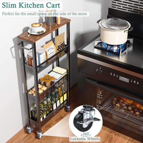 XYZLVSI Slim Storage Cart 4 Tier Narrow Kitchen Rolling Cart on Wheels for Small Space, Mobile Utility Cart Shelving Unit with Wooden Top and Metal Handle for Kitchen, Bathroom, Laundry Room - size: 16.7"Dx5.0"Wx34"H