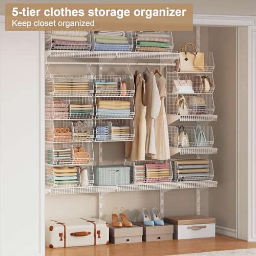 5 Tier Extra Large Closet Hanging Shelves with Divider,2 Pair Hook,16.5"L x 11.8"W x 51.4"H Closets Organizers and Storage,Clothes Organizer Clothing Sweaters Shoes Handbags Clutches Accessories-White - color: White, size: 5-Tier