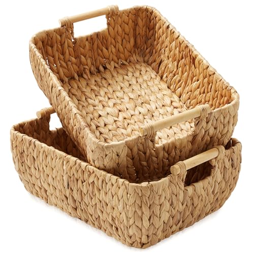 Casafield Set of 2 Water Hyacinth Oval Storage Baskets with Wooden Handles - Large, Woven Bin Organizers - color: Natural - Hyacinth, size: Set of 2 - Large