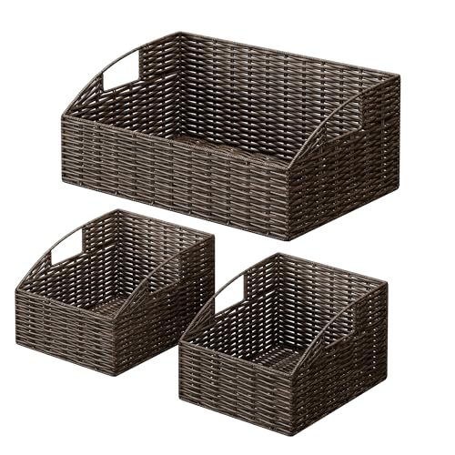 Ollieroo Rattan Storage Baskets, Handwoven Wicker Storage Bins with Built-in Handles, Storage Container Baskets for Shelves, Bedroom, Bathroom, Laundry Room or Kitchen(Brown) - color: Brown
