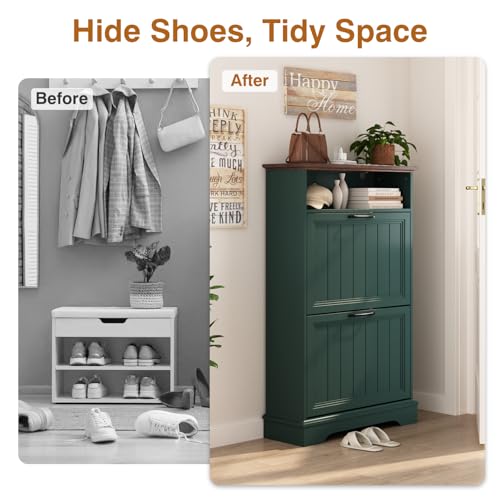 Shoe Storage Cabinet with 2 Flip Drawers, 24" W Farmhouse Modern Hidden Shoes Rack Cabinet with Adjustable Shelves & Open Storage, Narrow Slim Shoe Organizer for Front Door Entrance, Entryway, Green - color: Green, size: 2-Drawers