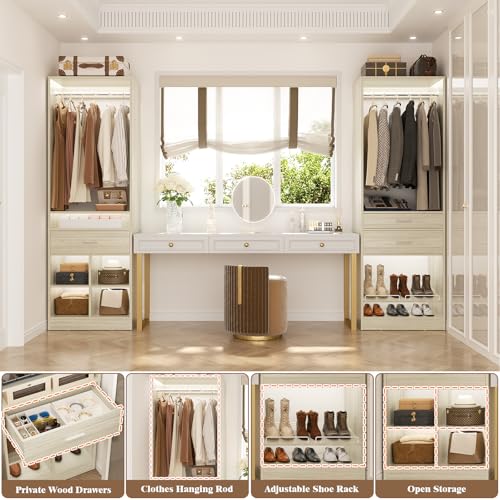 Unikito 50" W x 80'' H Closet Organizer Storage System with 2 Hanging Rod and 2 Wooden Drawers, Adjustable Shoes Rack, 4 Cubby Storage, Walk-in Closet Tower for Bedroom, Mudroom, Entryway, White Oak - color: White Oak, size: 50 Inch