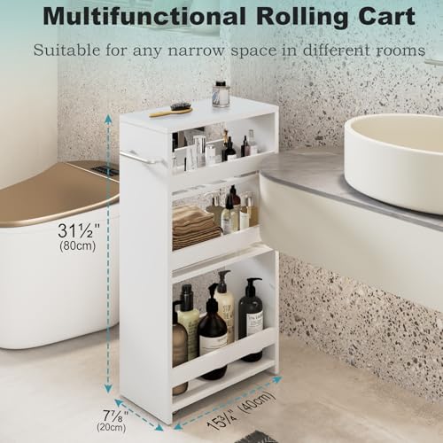 MARTY Rolling Storage Cart 7.9" W, 4-Tier Kitchen Cart with Wheels Handle, Slim Storage Cart Mobile Shelving Utility Carts for Bathroom Laundry Room Organization Narrow Places (All White) - color: All White, size: 7.9"D x 15.75"W x 31.5"H