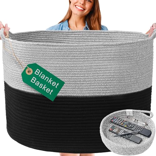 XXXXL WASHABLE 125L Extra Large Durable Soft Blanket Basket, Woven Decorative Cotton Rope Basket with Handles for Laundry, Living Room, Baby Toy Nursery Storage Organization Bin 24" x 17" (Black/Grey) - color: Black & Grey, size: Jumbo