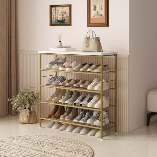 SUOERNUO Shoe Rack Organizer 5 Tier for Closet Entryway Free Standing Metal Storage Shoe Shelf with MDF Top Board，Gold - color: Gold, size: Standard 5 Tier