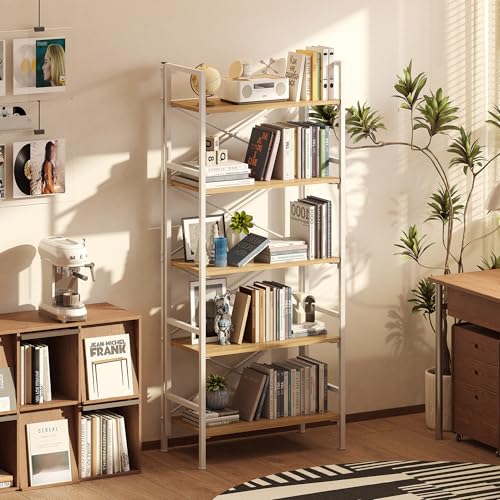 Folding Bookshelf,5 Tier Bookcase Foldable Shelf with X-Bracket Design, Adjustable Feet, Space Saving Storage for Living Room, Office, Light Coffee - color: Light Coffee, size: 5 Tier