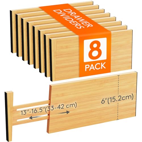 Lifewit 6" High 8 Pack Bamboo Drawer Dividers 33-42cm/13-16.5" Adjustable Wooden Drawer Organizer for Clothes/Utensils, Expandable Drawer Separator for Dresser/Kitchen/Bedroom/Office Organization - size: 6"H, 13-16.5"L