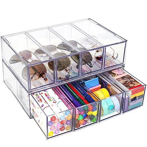 Desk Organizer with 8 Drawers, FODIENS 2 Packs Stackable Desktop Storage Box with Removable Drawer, Clear Sunglasses Organizer Display Case for Stationery Marker Pens Eyeglasses Office Supply - style: 2 Layers - 8 Drawers