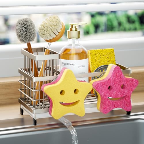 HapiRm Sink Caddy Sponge Holder - Self-draining Kitchen Sink Organizer with Smiley Face and Brush Holder, Stainless Steel Kitchen Sponge Caddy for Countertop - Brushed Nickel - color: Brushed Nickel, size: with Smiley Face Sponge Holder